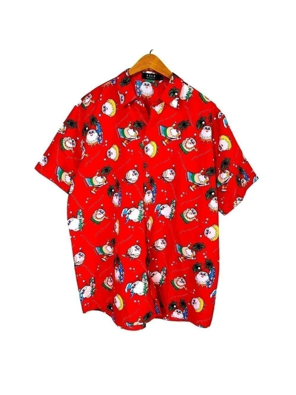 SSLR Men’s Collection Red Merry Christmas Santa Button Front Shirt Size XL